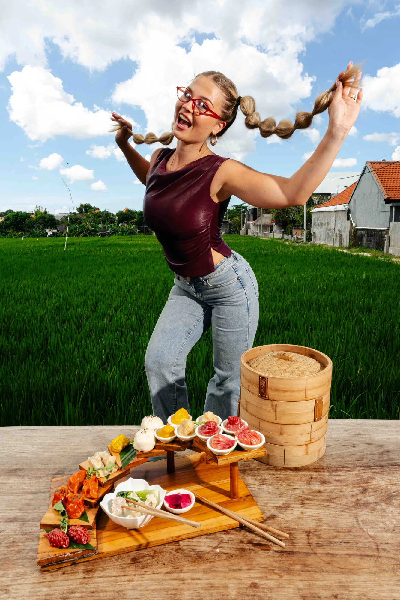 Guest celebrating over a dumpling flight outdoors